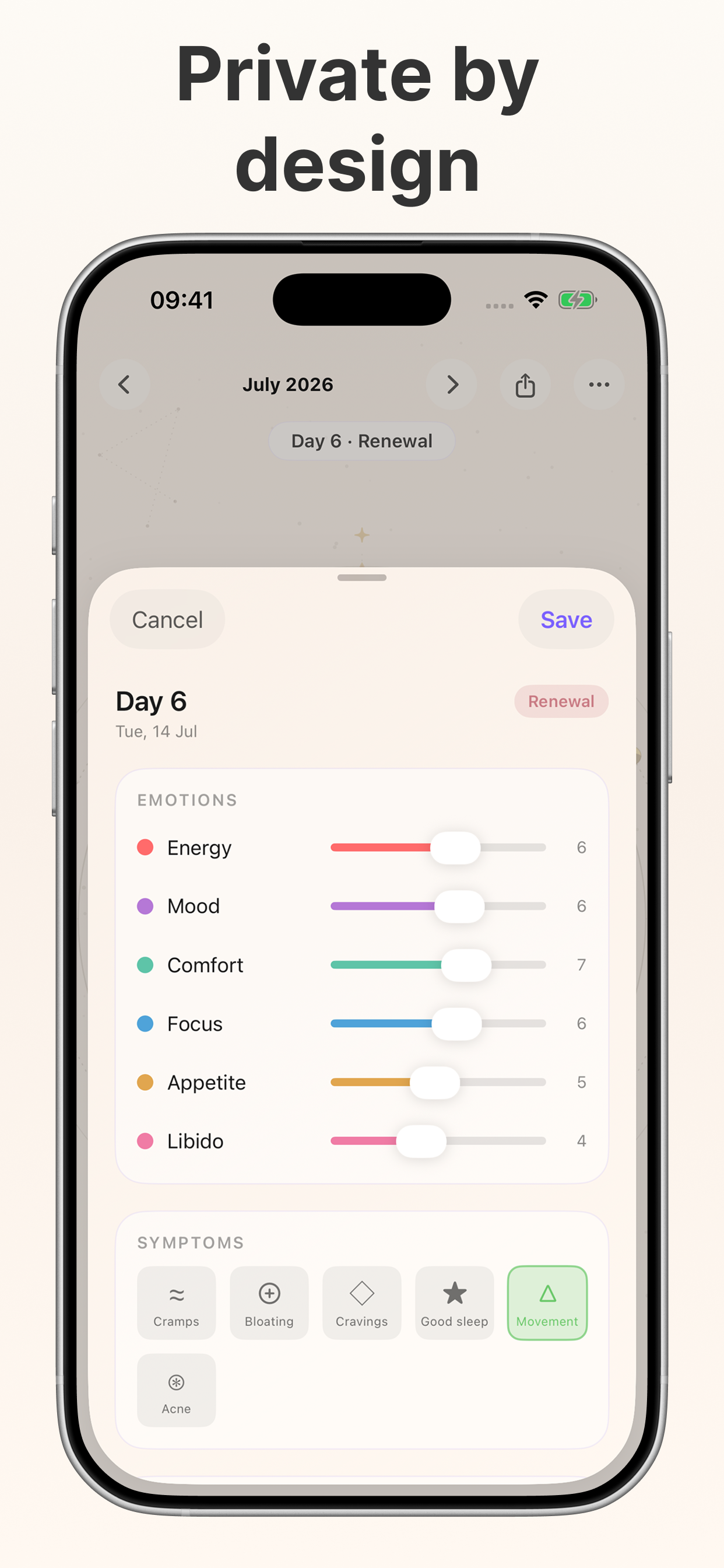 Moonwave mood and menstrual symptom tracking screen